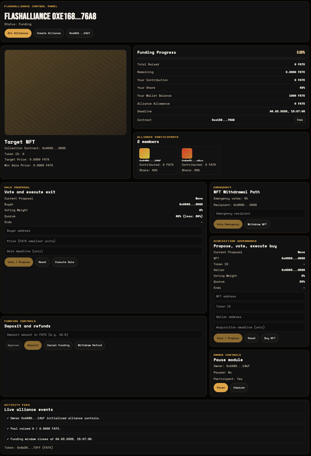 FlashAlliance dApp control panel in action